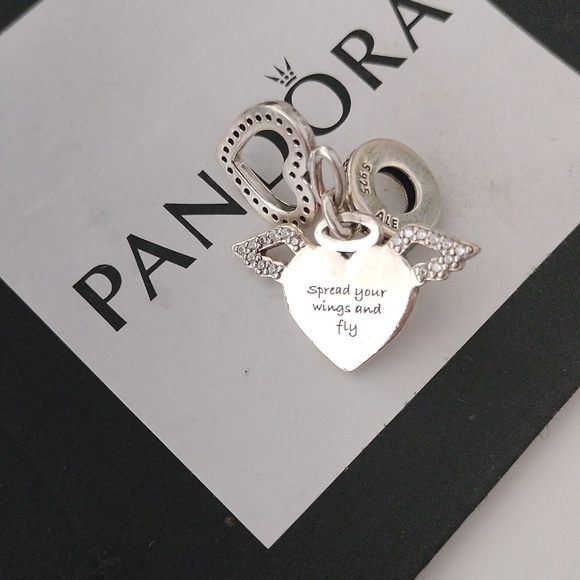 Pandora Sterling Silver Heart + Angel Wings Dangle w/ Clear Zirconia -798485C01 - Picture 3 of 5